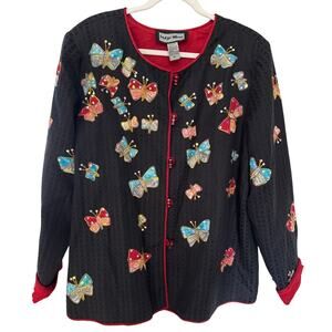 Vintage Indigo Moon Artsy Embroidered Blazer Jacket Large Butterfly Sequins